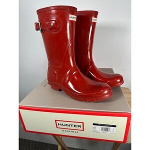 Hunter Original Short Gloss Military Red Rain Boots Waterproof Buckle US 8